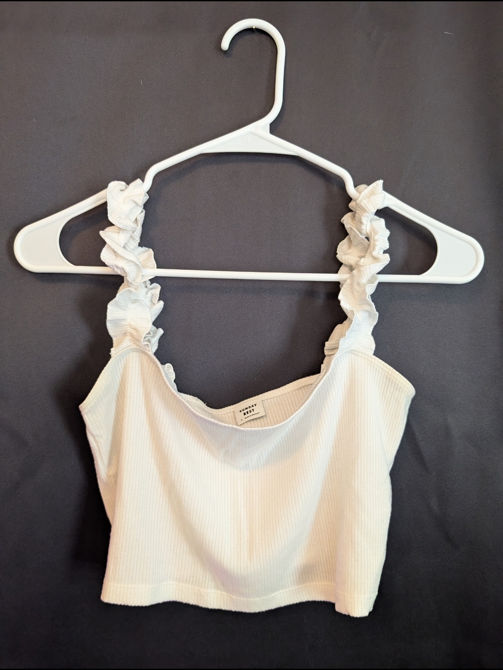 Sunday Best Cream Ribbed Ruffle Strap Crop Top